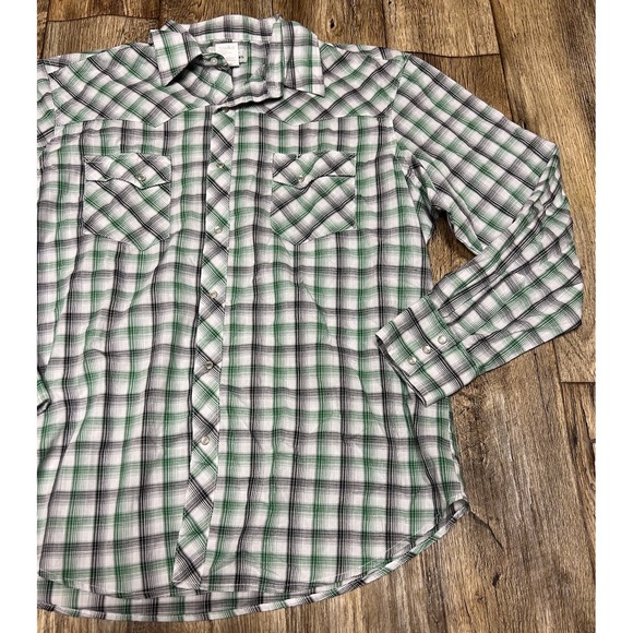 Wrangler Wrancher Pearl Snap Shirt XL Green Black White Plaid Cotton Blend - Picture 2 of 5